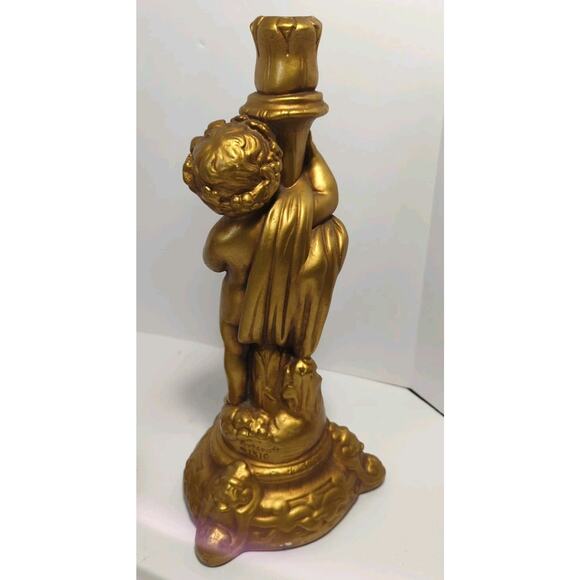 Set Of 2 VTG Gold Cherub Candleholder Candle Stick Chalk ware 13” - Picture 5 of 12